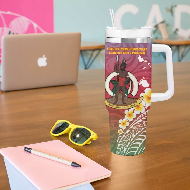 Shefa Province Vanuatu Map With Plumeria Flag Color Custom Stanley Quencher 40oz Stainless Steel Tumbler With Handle - Threewoofs - Image 5
