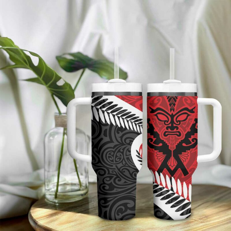 Silver Fern Koru Swirls with Maori Ta Moko Custom Stanley Quencher 40oz Stainless Steel Tumbler With Handle - Threewoofs - Image 9