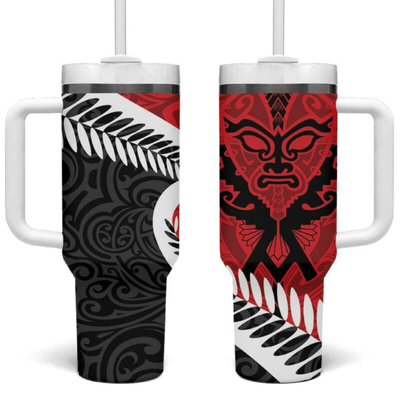 Silver Fern Koru Swirls with Maori Ta Moko Custom Stanley Quencher 40oz Stainless Steel Tumbler With Handle - Threewoofs - Image 2