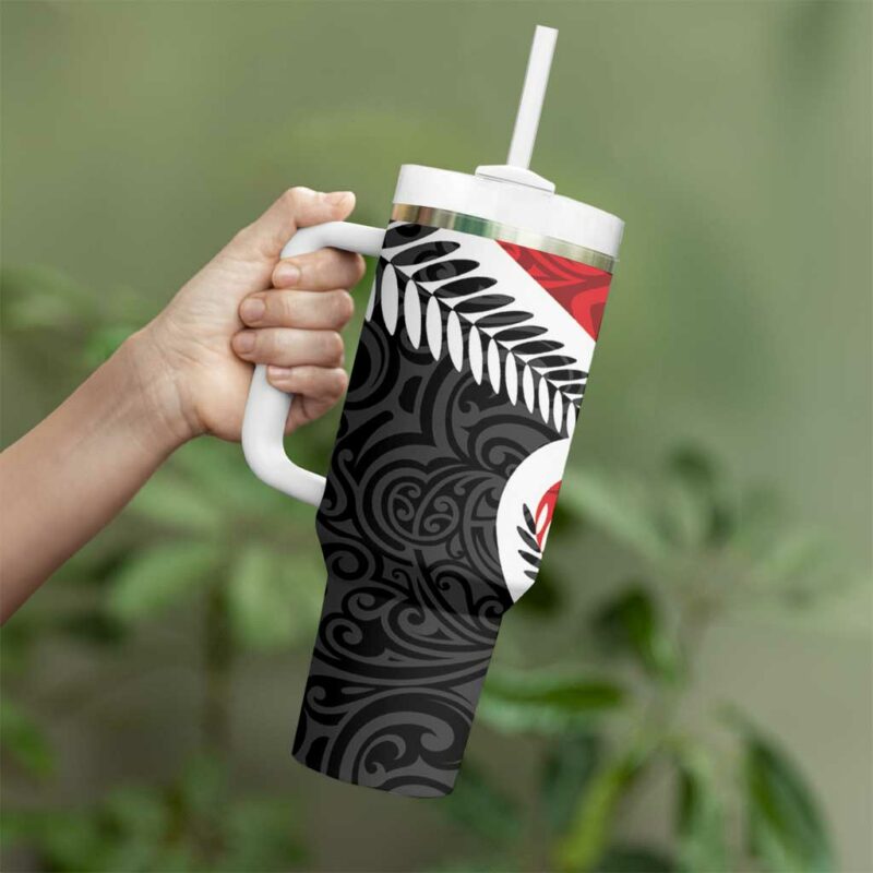 Silver Fern Koru Swirls with Maori Ta Moko Custom Stanley Quencher 40oz Stainless Steel Tumbler With Handle - Threewoofs - Image 4