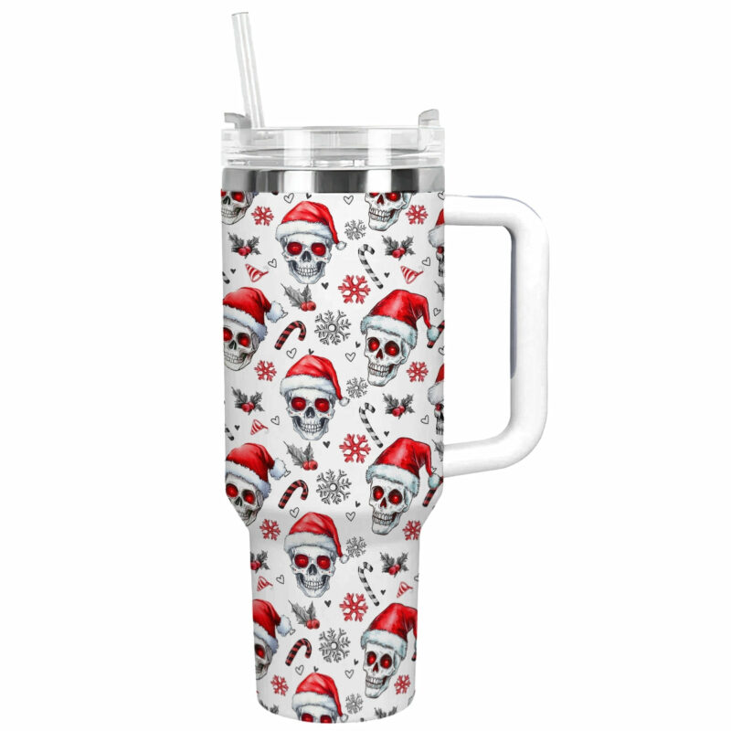 Skull Santa Holiday Christmas Custom Stanley Quencher 40oz Stainless Steel Tumbler With Handle - Threewoofs