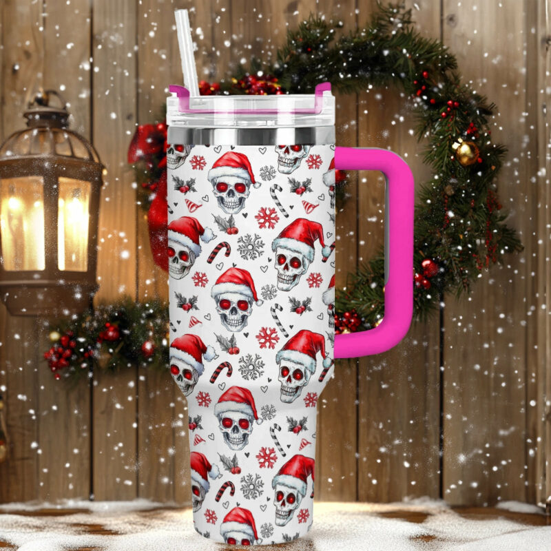 Skull Santa Holiday Christmas Custom Stanley Quencher 40oz Stainless Steel Tumbler With Handle - Threewoofs - Image 3