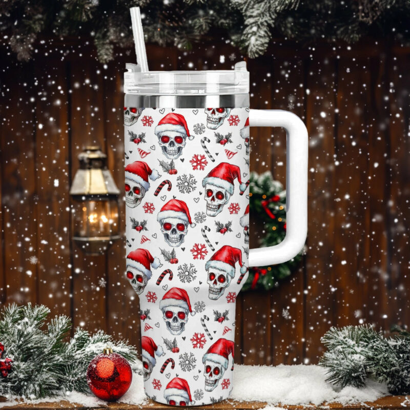Skull Santa Holiday Christmas Custom Stanley Quencher 40oz Stainless Steel Tumbler With Handle - Threewoofs - Image 2