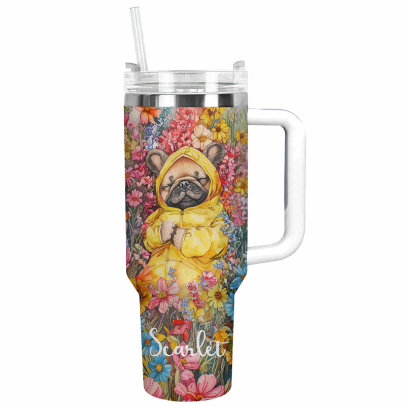 Sleeping Pug Dog Floral Custom Stanley Quencher 40oz Stainless Steel Tumbler With Handle - Threewoofs