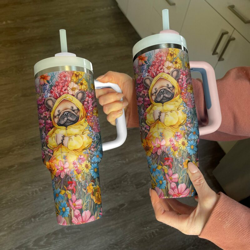 Sleeping Pug Dog Floral Custom Stanley Quencher 40oz Stainless Steel Tumbler With Handle - Threewoofs - Image 3