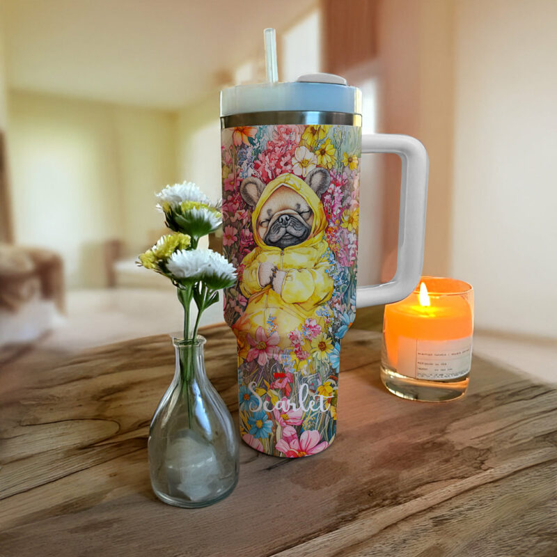 Sleeping Pug Dog Floral Custom Stanley Quencher 40oz Stainless Steel Tumbler With Handle - Threewoofs - Image 4