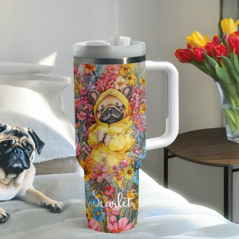 Sleeping Pug Dog Floral Custom Stanley Quencher 40oz Stainless Steel Tumbler With Handle - Threewoofs - Image 2