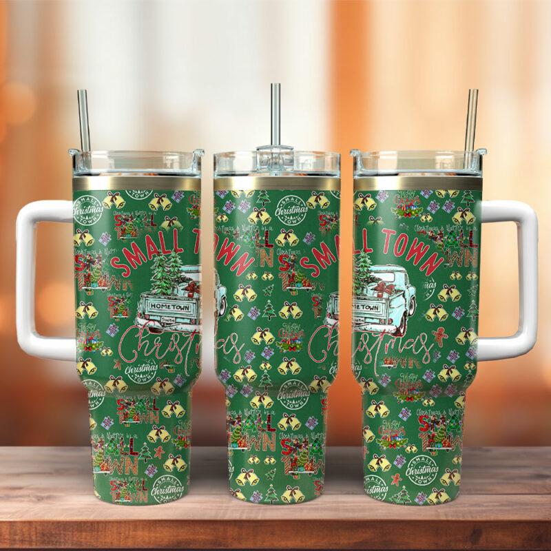 Small Town Christmas Custom Stanley Quencher 40oz Stainless Steel Tumbler With Handle - Threewoofs
