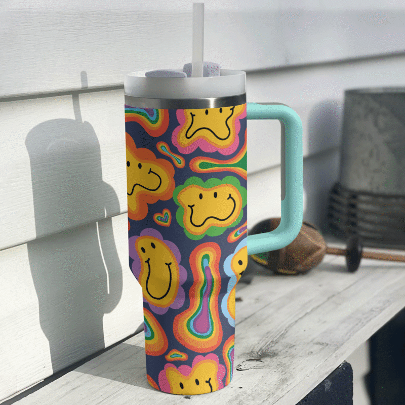 Smiley Daisy Custom Stanley Quencher 40oz Stainless Steel Tumbler With Handle - Threewoofs - Image 3