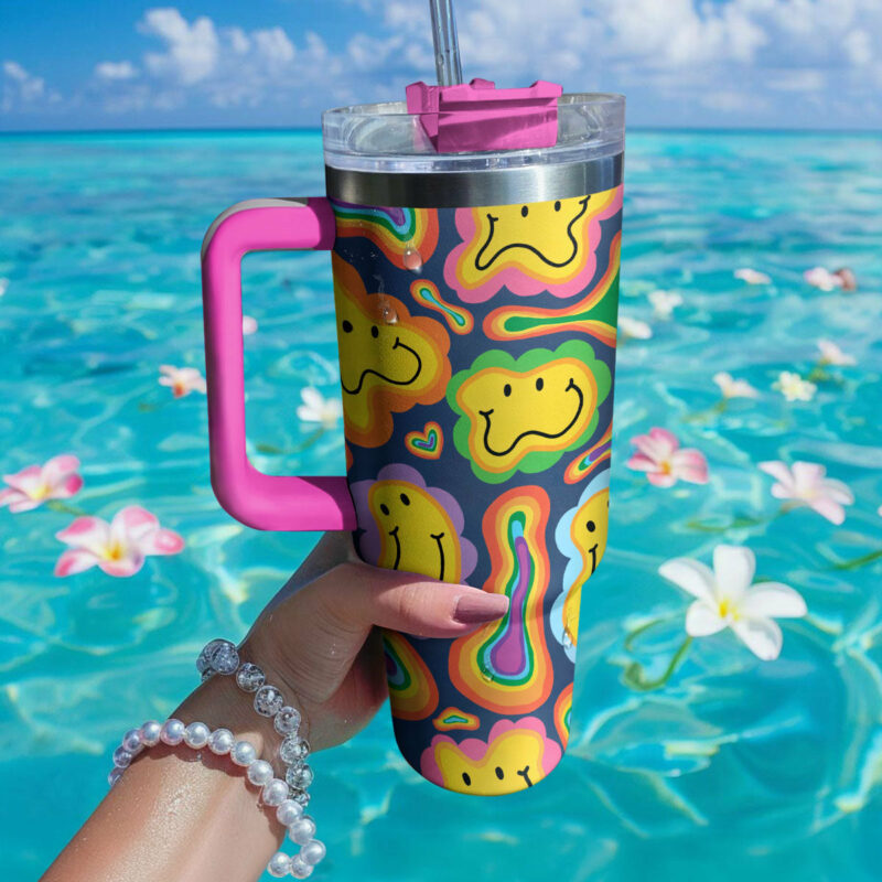 Smiley Daisy Custom Stanley Quencher 40oz Stainless Steel Tumbler With Handle - Threewoofs - Image 2