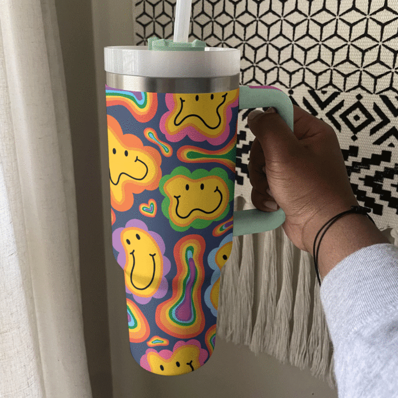 Smiley Daisy Custom Stanley Quencher 40oz Stainless Steel Tumbler With Handle - Threewoofs - Image 4