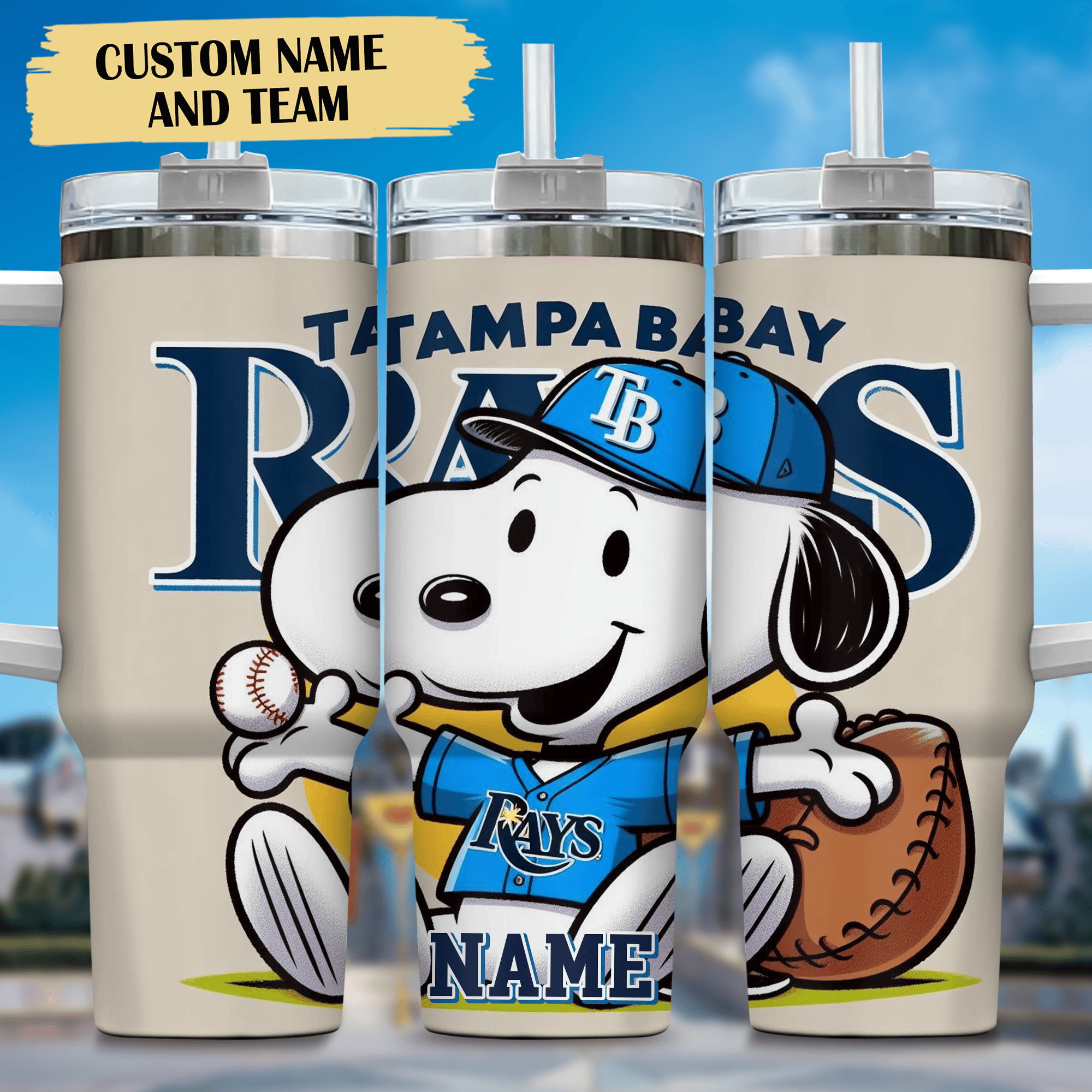 Customizable Snoopy Baseball Tumbler with Straw - Personalized Name & Team