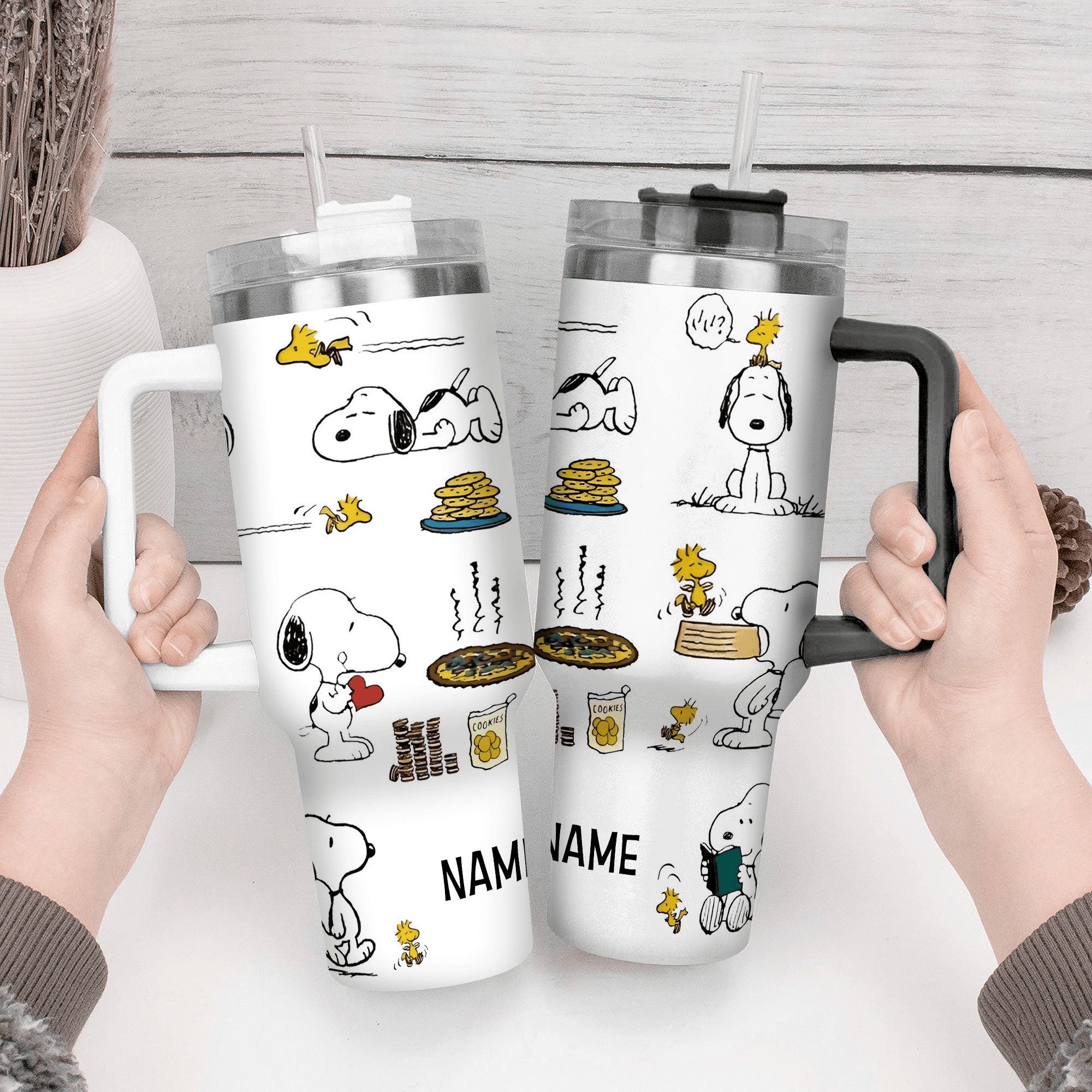 Personalized Snoopy & Woodstock Travel Mug - Custom Name Gift