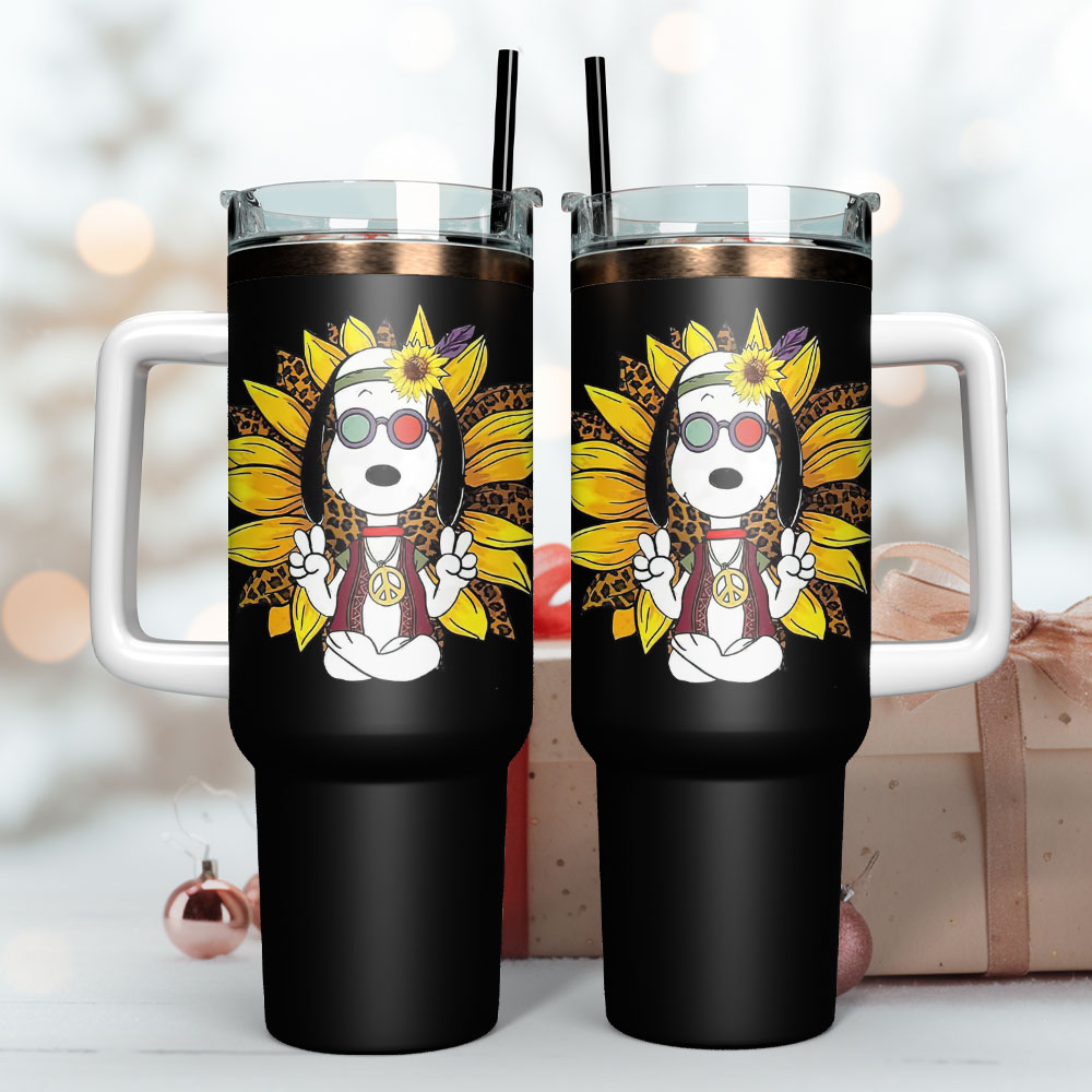 Groovy Peace Dog Travel Mug - Hippie Vibes with Sunflower Design - Image 3