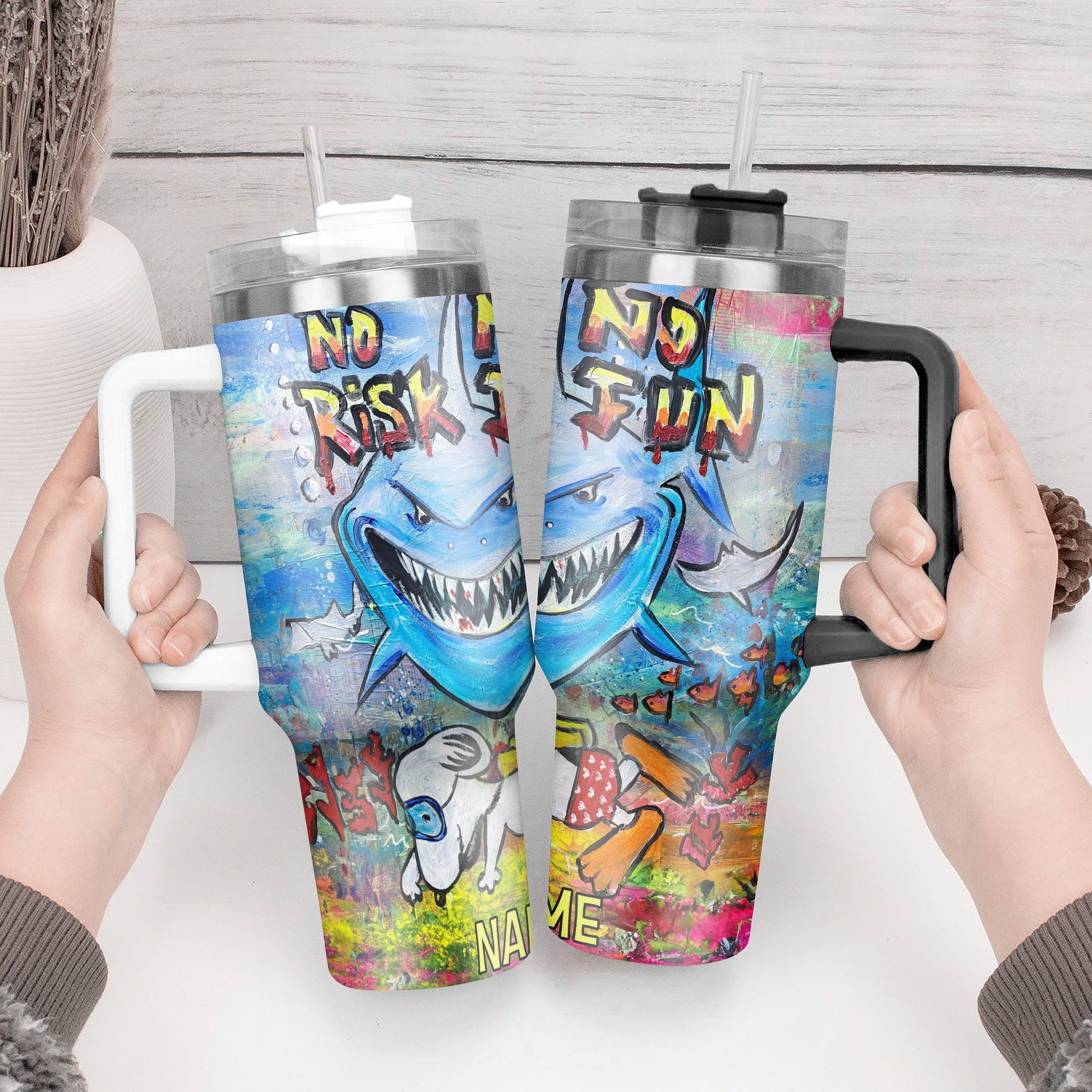 Personalized Shark Art Tumbler with Straw - Vibrant No Risk No Fun Design - Image 2