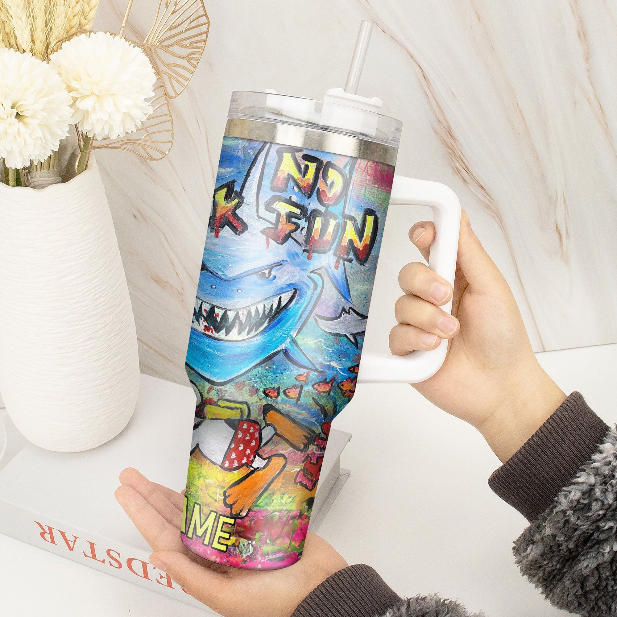 Personalized Shark Art Tumbler with Straw - Vibrant No Risk No Fun Design - Image 3
