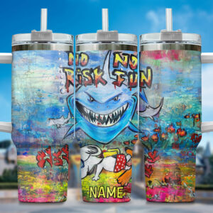 Personalized Shark Art Tumbler with Straw - Vibrant No Risk No Fun Design
