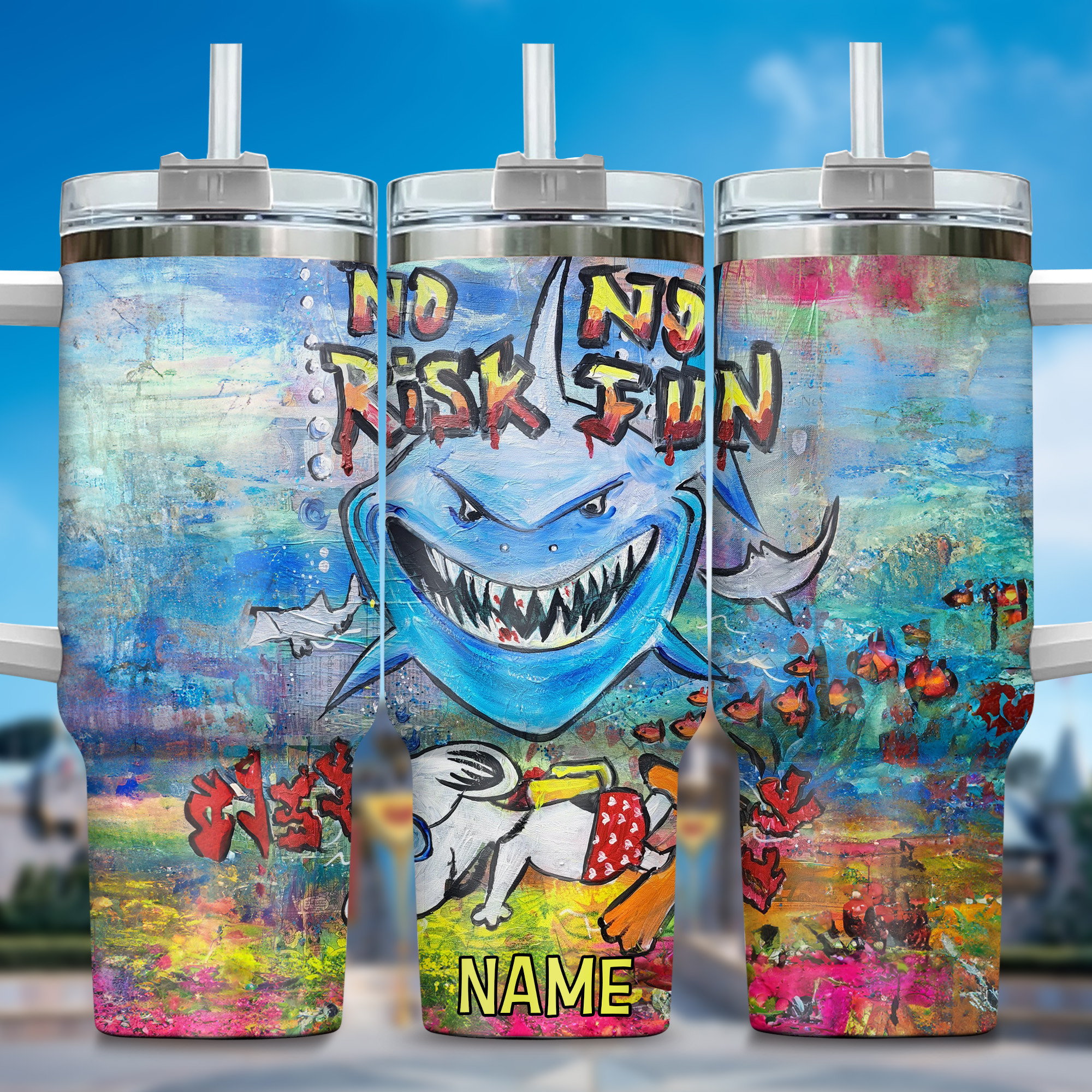 Personalized Shark Art Tumbler with Straw - Vibrant No Risk No Fun Design