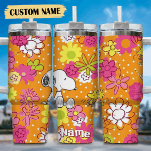 Custom Floral Cartoon Tumbler with Straw - Personalized Name Gift