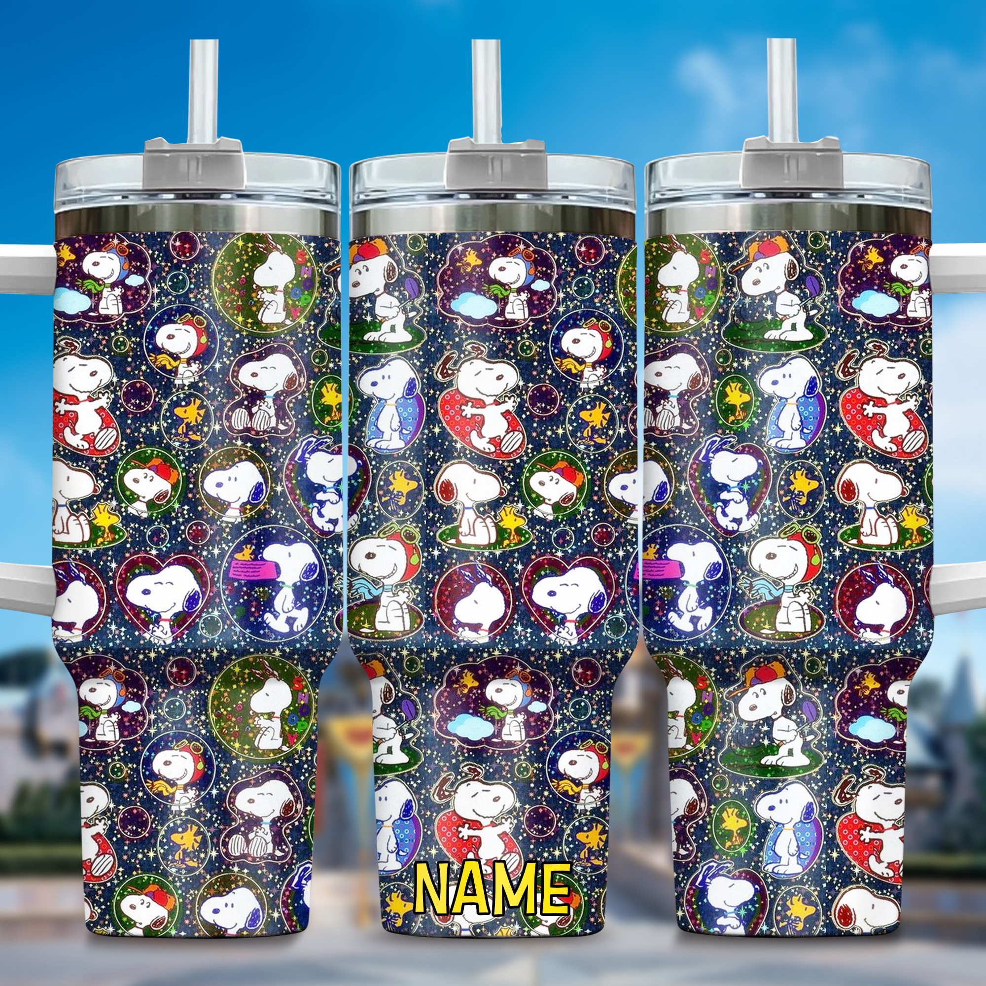 Personalized Snoopy Galaxy Tumbler with Straw - Custom Name Option