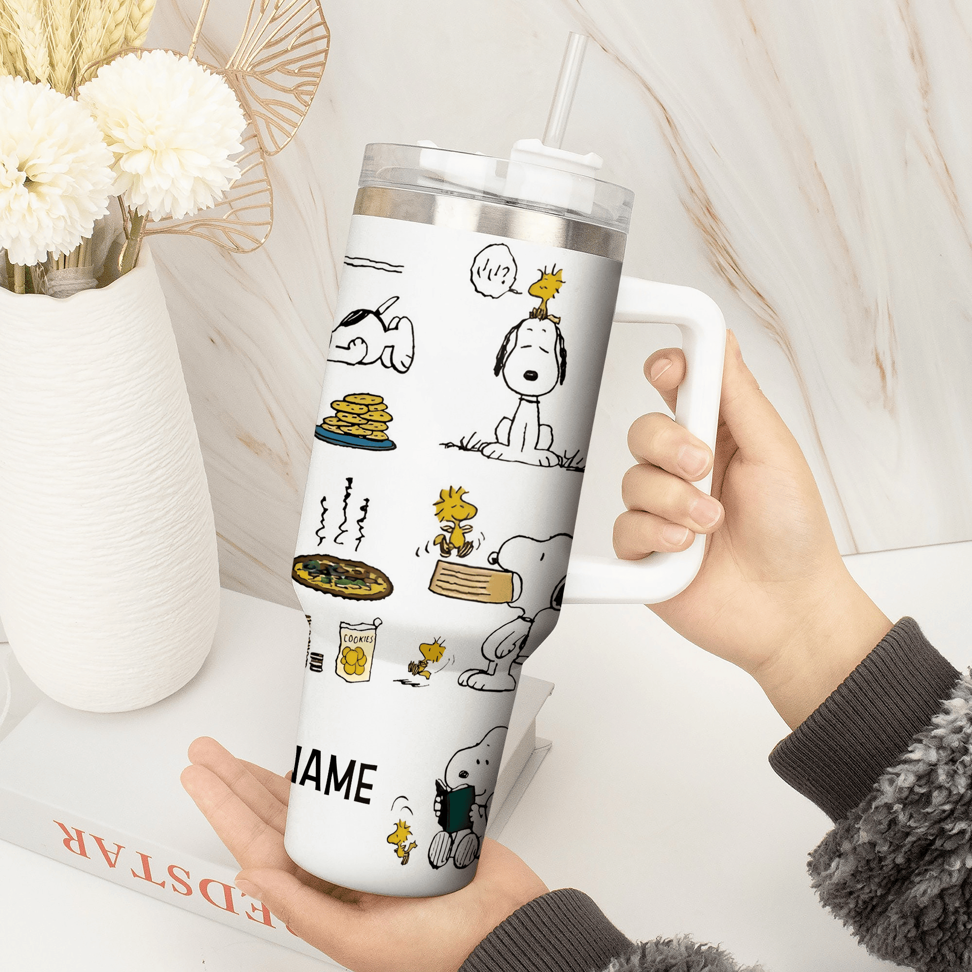Personalized Snoopy & Woodstock Travel Mug - Custom Name Gift - Image 2