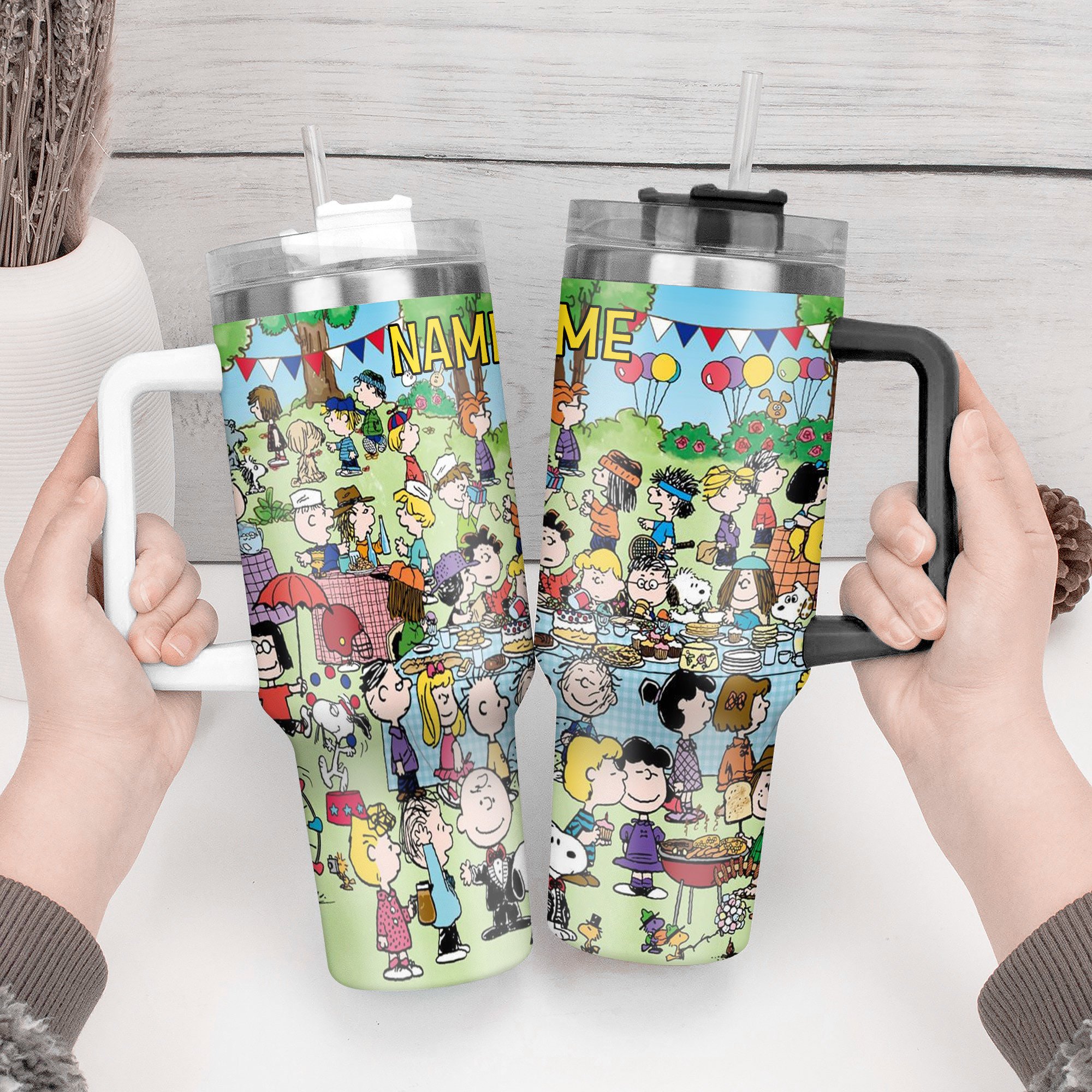 Personalized Cartoon Picnic Tumbler - Custom Name Insulated Cup with Straw - Image 2