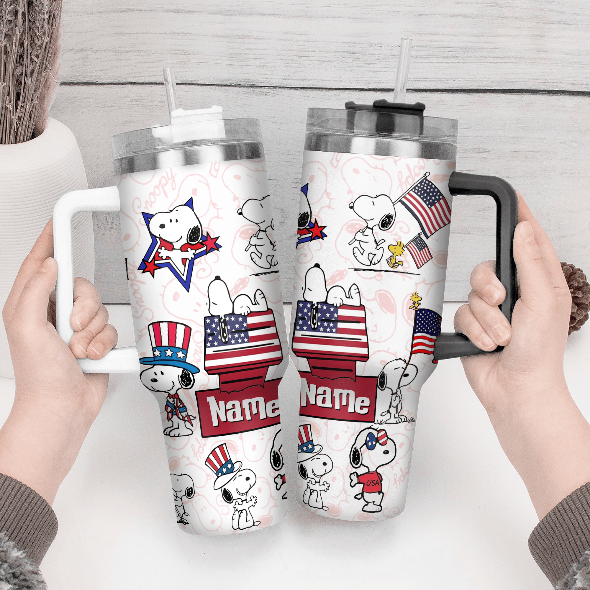 Personalized Snoopy American Flag Tumbler - Custom Name Gift