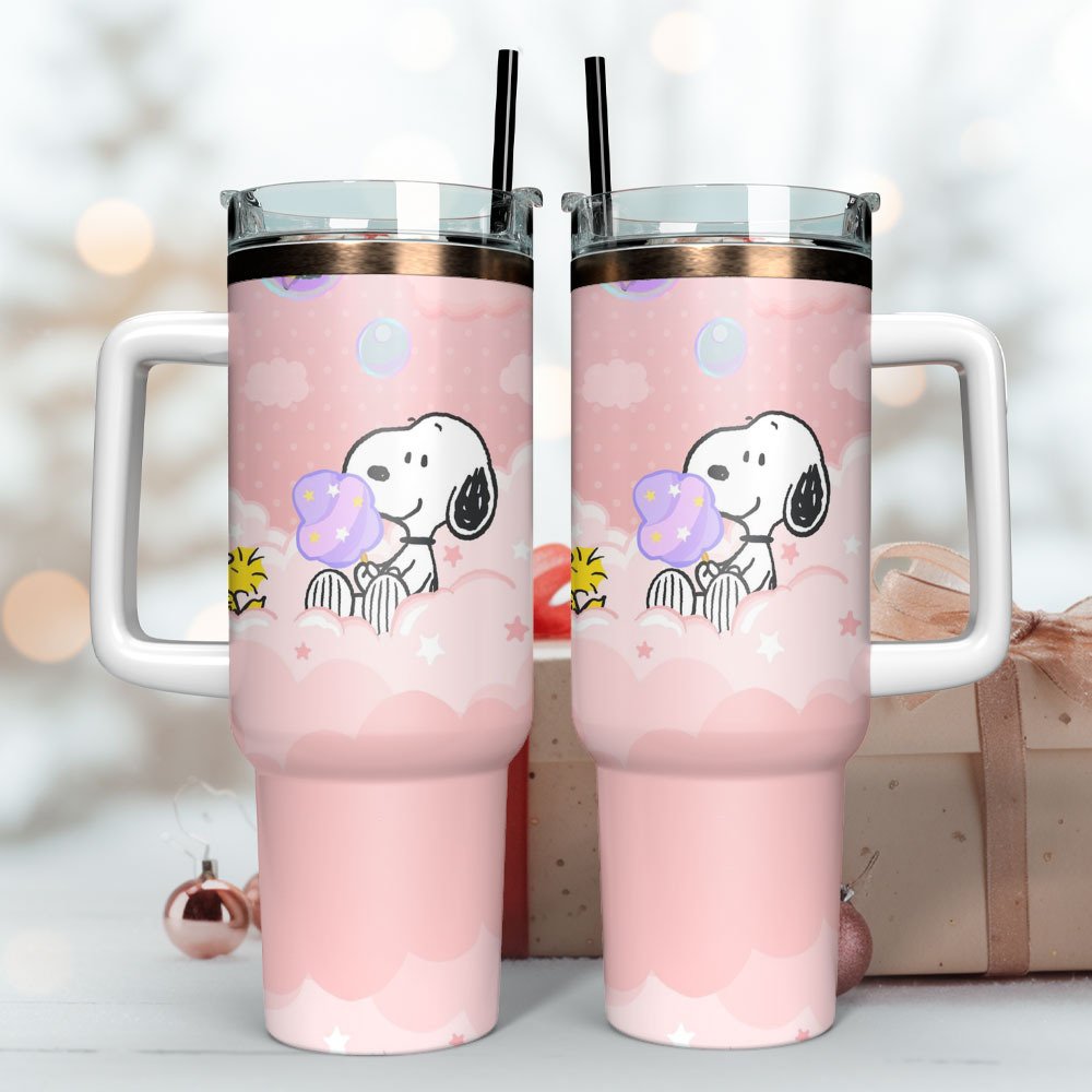 Cute Snoopy Pink Tumbler with Handle - Double Wall Insulated Travel Mug - Image 3