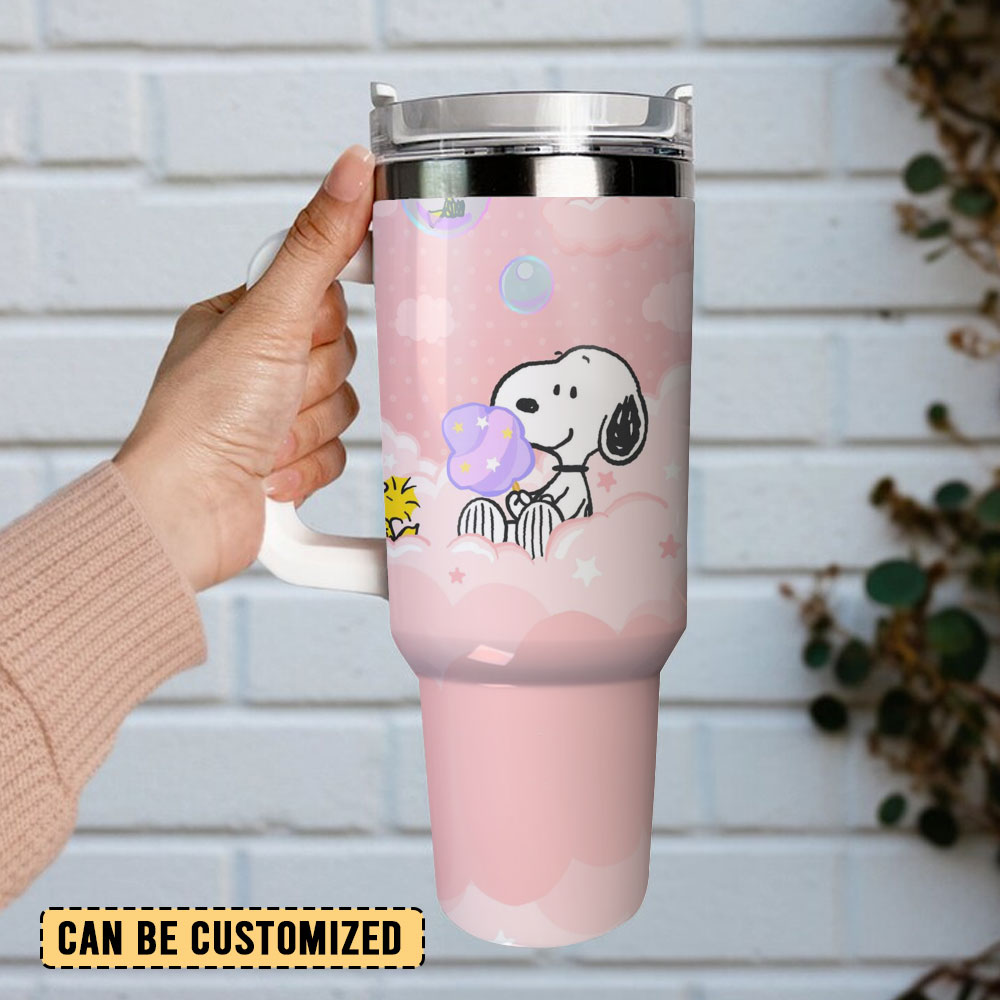 Cute Snoopy Pink Tumbler with Handle - Double Wall Insulated Travel Mug - Image 2