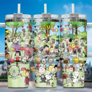 Personalized Cartoon Picnic Tumbler - Custom Name Insulated Cup with Straw