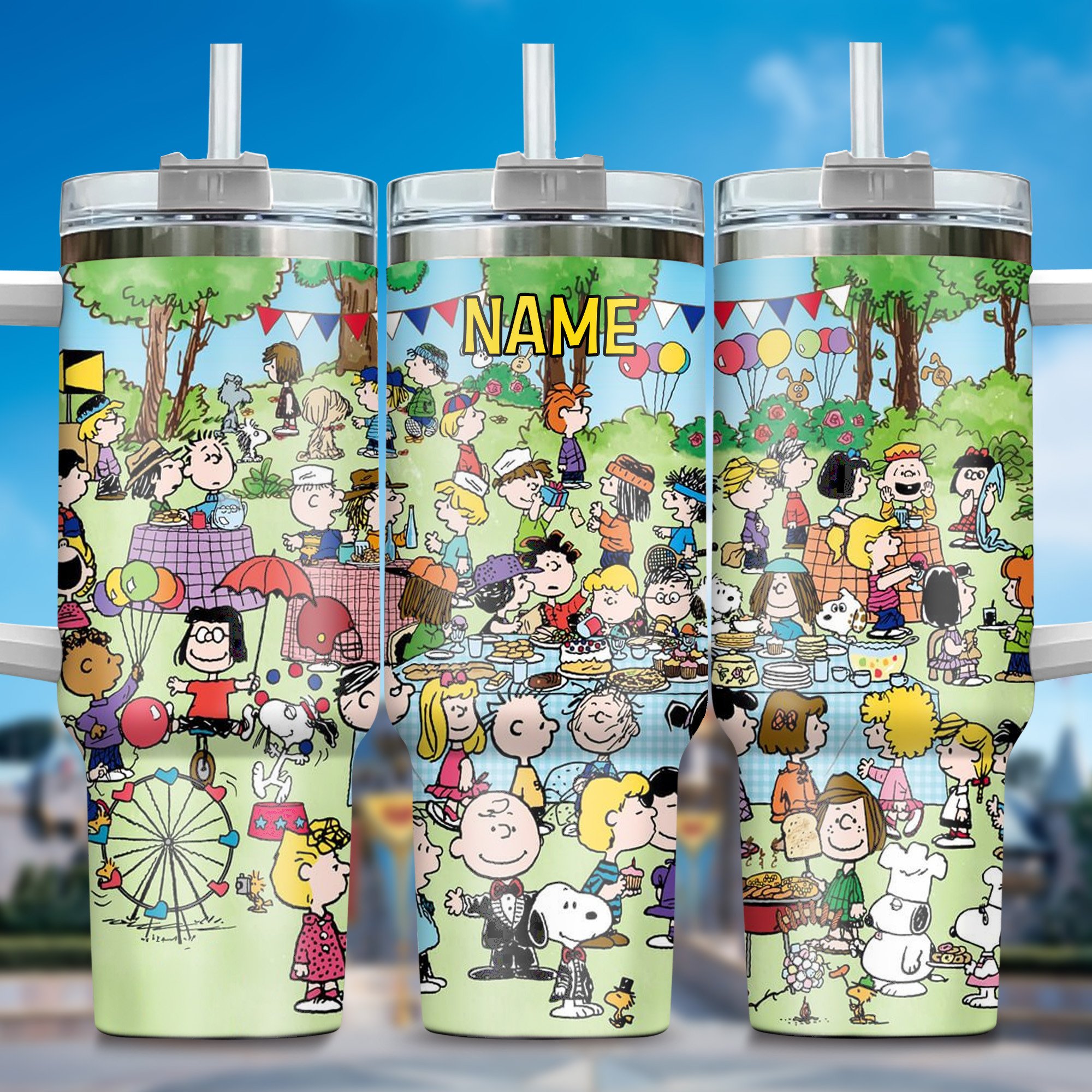 Personalized Cartoon Picnic Tumbler - Custom Name Insulated Cup with Straw
