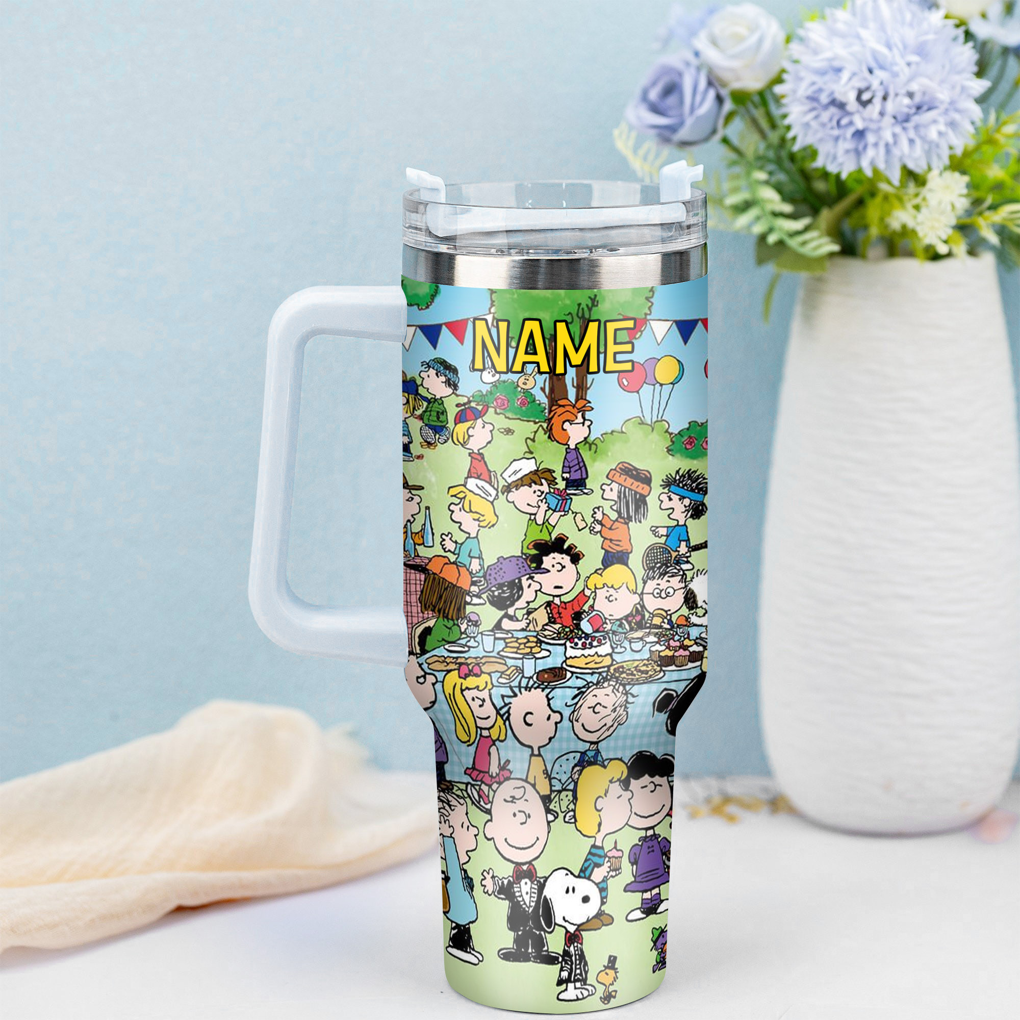 Personalized Cartoon Picnic Tumbler - Custom Name Insulated Cup with Straw - Image 3