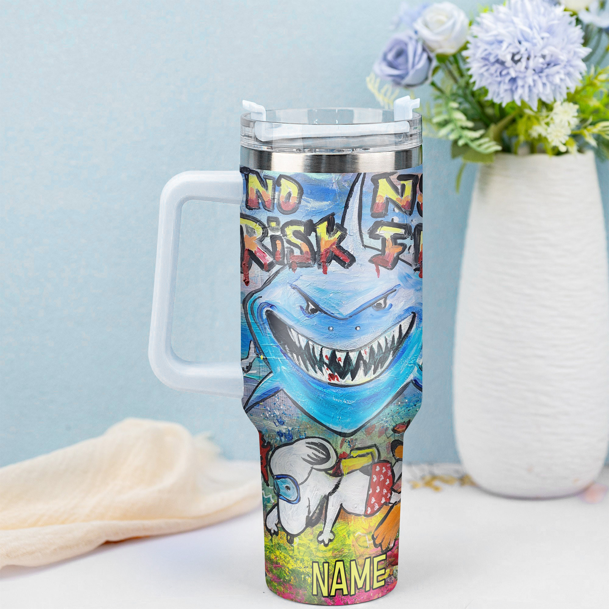 Personalized Shark Art Tumbler with Straw - Vibrant No Risk No Fun Design - Image 4