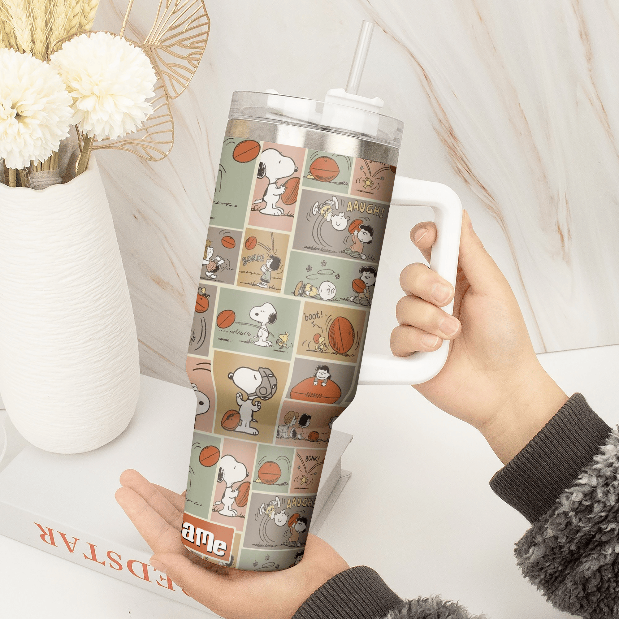 Snoopy Comic Strip Tumbler with Straw - Large 40oz Insulated Mug for Hot & Cold Drinks