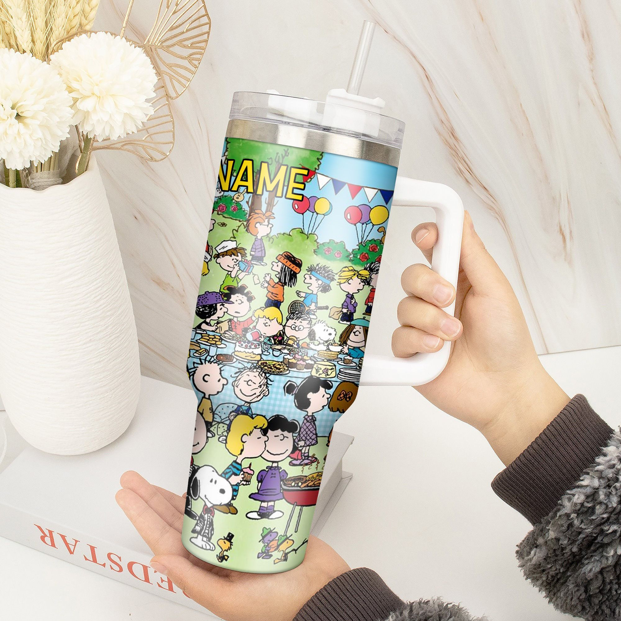Personalized Cartoon Picnic Tumbler - Custom Name Insulated Cup with Straw - Image 4
