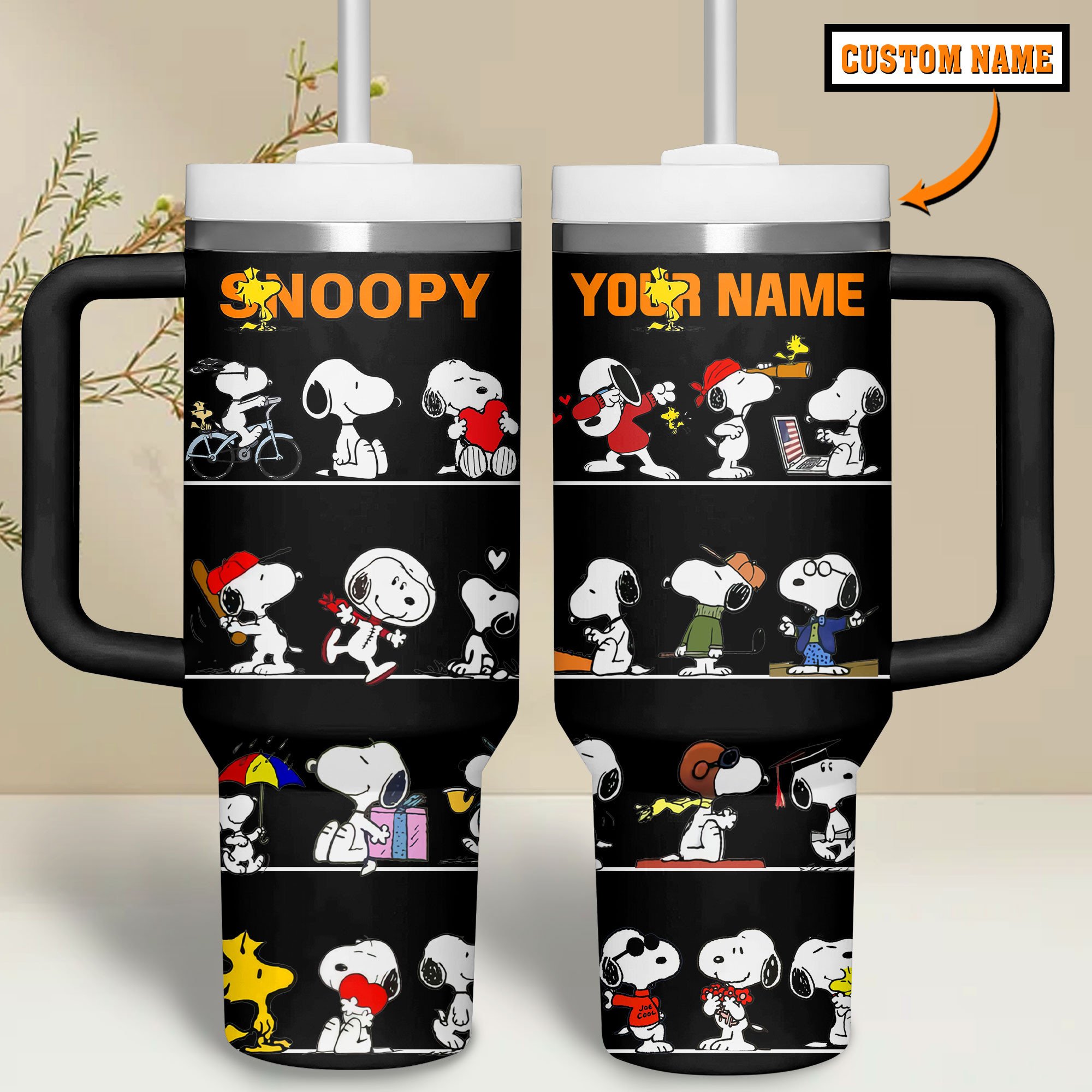 Custom Name Snoopy Travel Mug - Personalized Peanuts Cartoon Tumbler