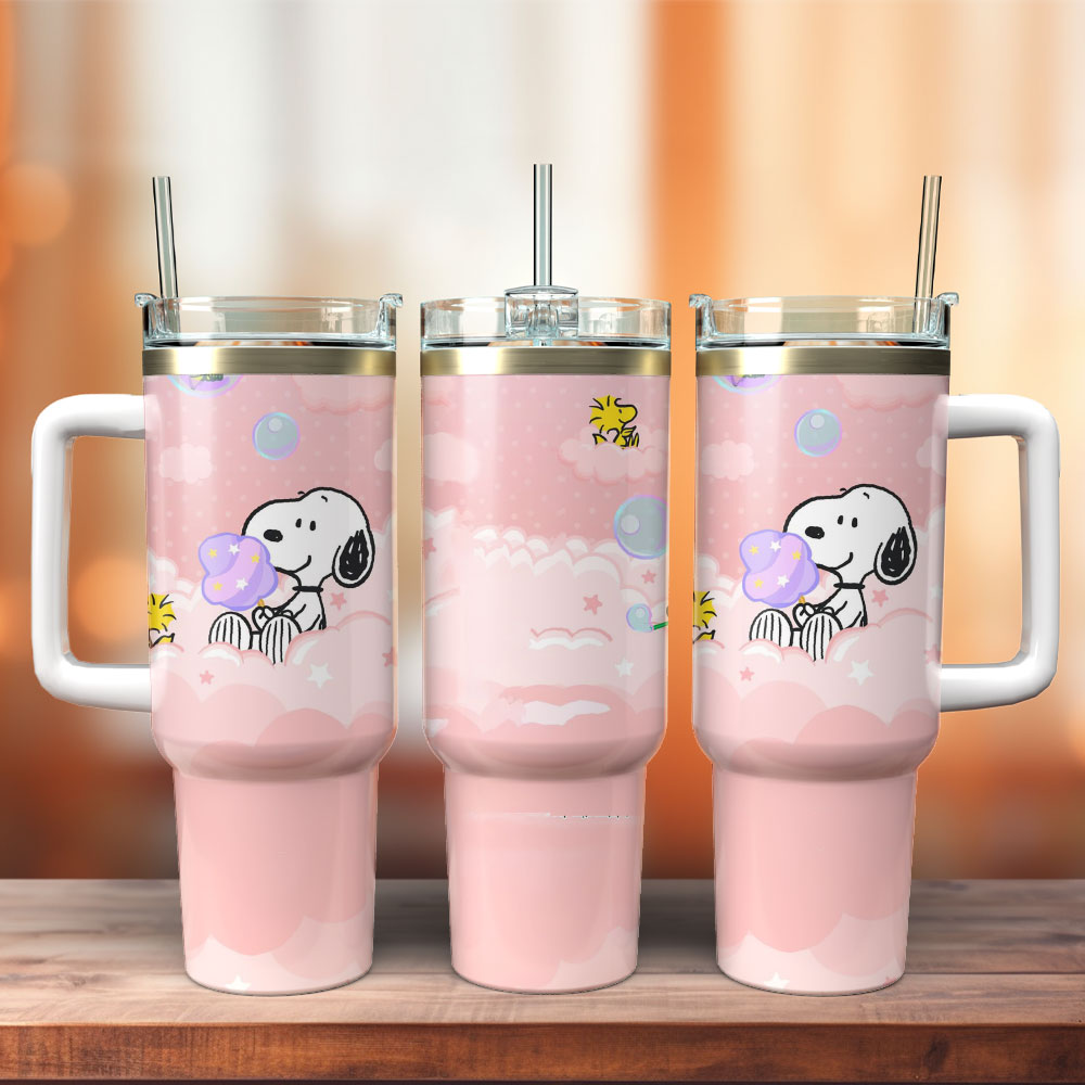 Cute Snoopy Pink Tumbler with Handle - Double Wall Insulated Travel Mug