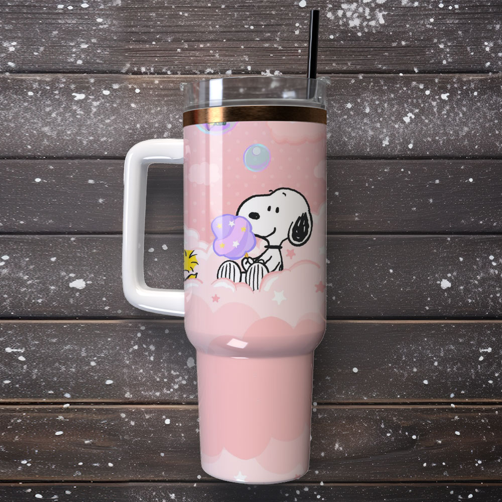 Cute Snoopy Pink Tumbler with Handle - Double Wall Insulated Travel Mug - Image 4