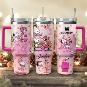 Snoopy Cartoon Custom Stanley Quencher 40oz Stainless Steel Tumbler With Handle - Threewoofs