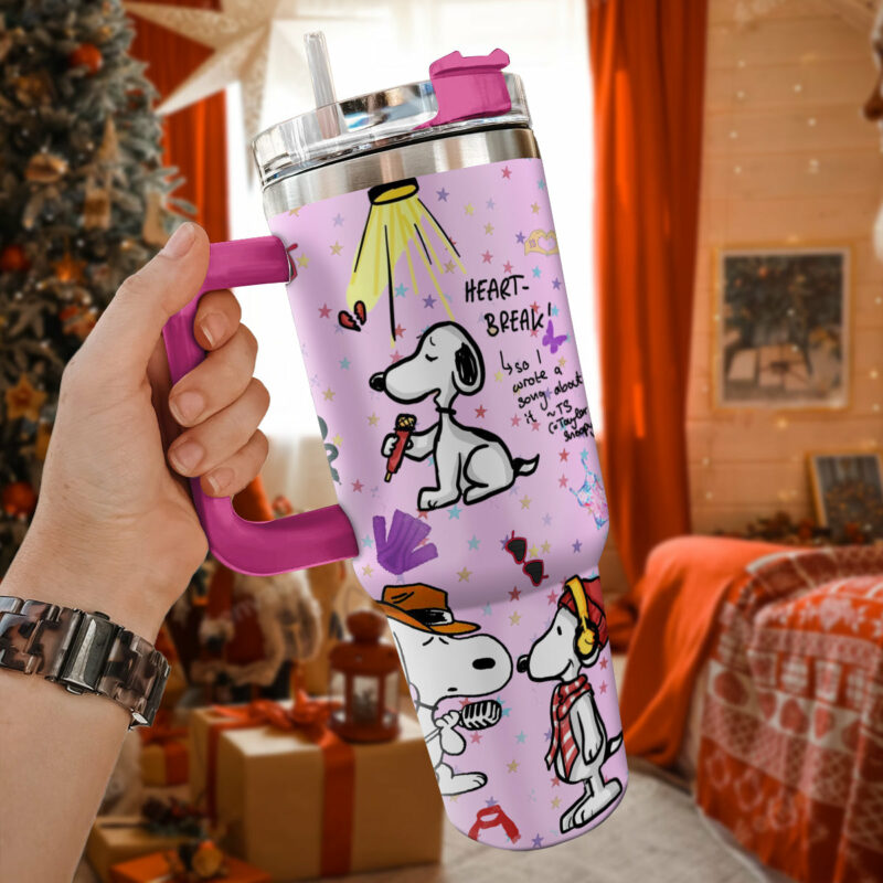 Snoopy Cartoon Custom Stanley Quencher 40oz Stainless Steel Tumbler With Handle - Threewoofs - Image 3