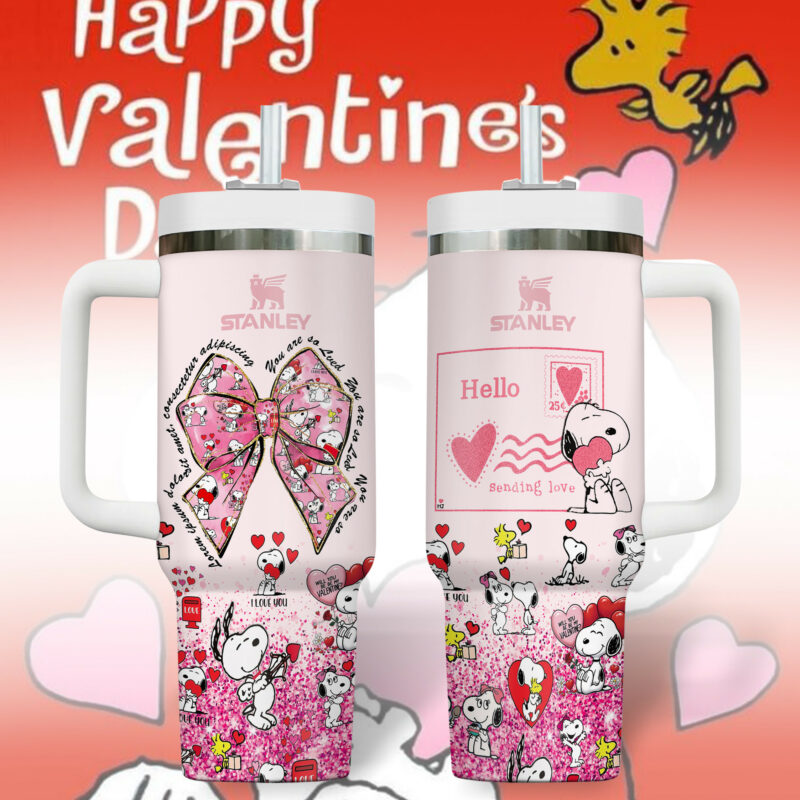 Snoopy Cartoon Valentine Custom Stanley Quencher 40oz Stainless Steel Tumbler With Handle - Threewoofs - Image 2
