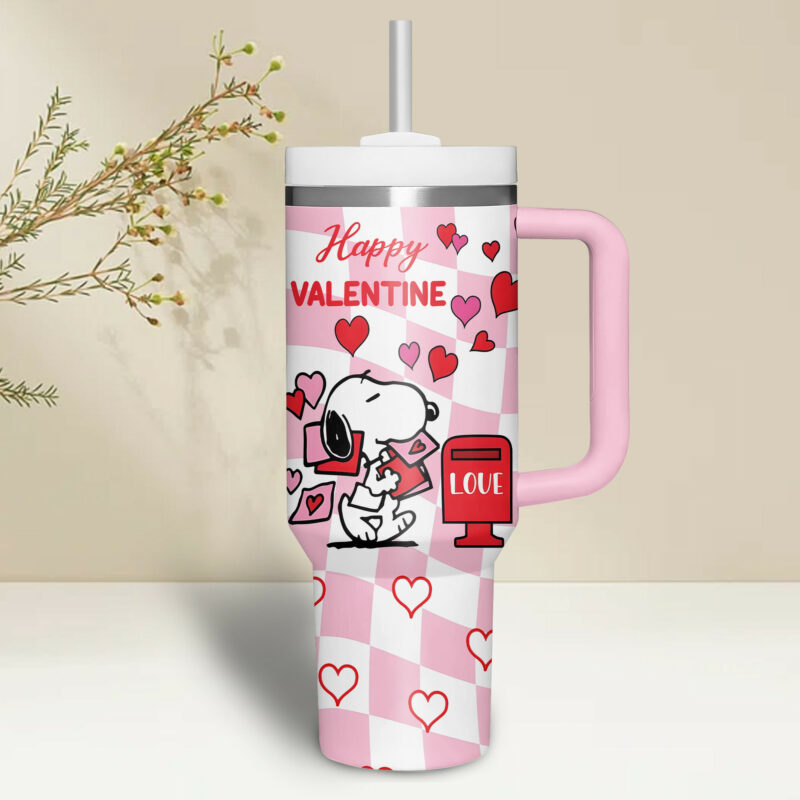 Snoopy Cartoon Valentine Custom Stanley Quencher 40oz Stainless Steel Tumbler With Handle - Threewoofs - Image 3