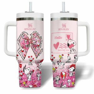 Snoopy Cartoon Valentine Custom Stanley Quencher 40oz Stainless Steel Tumbler With Handle - Threewoofs