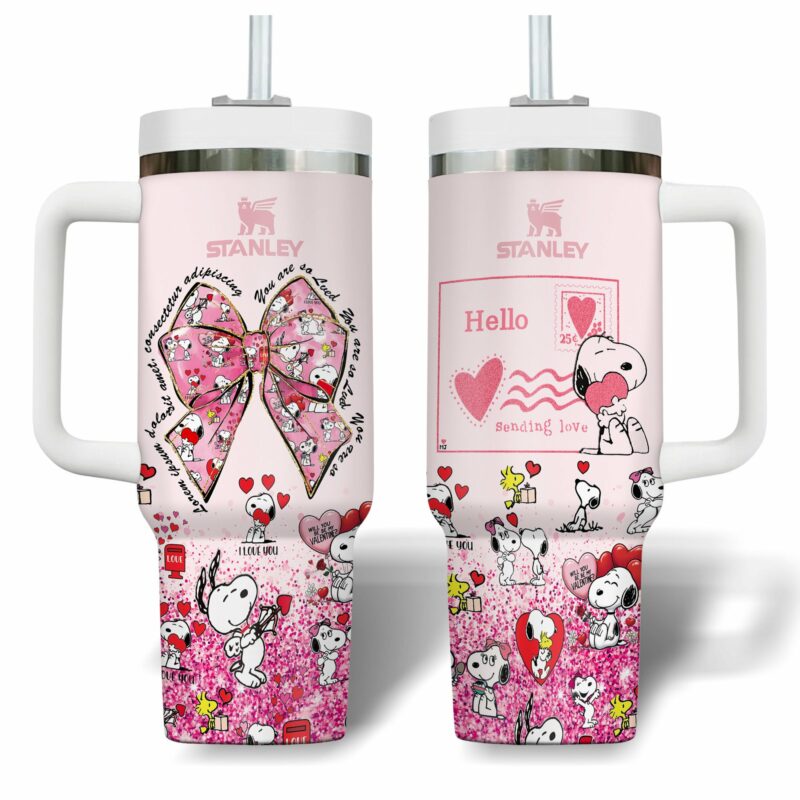 Snoopy Cartoon Valentine Custom Stanley Quencher 40oz Stainless Steel Tumbler With Handle - Threewoofs