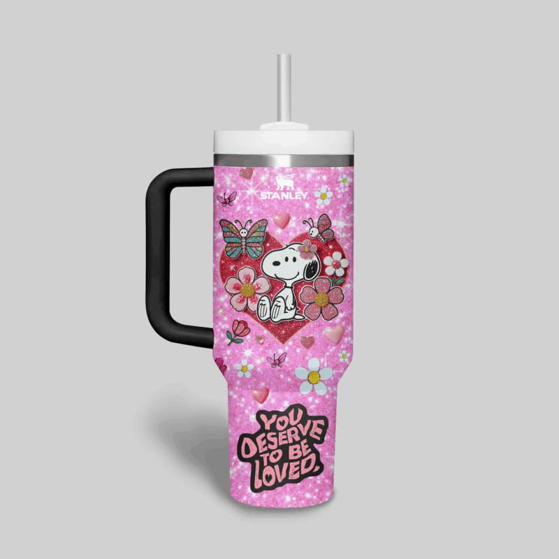 Snoopy Cartoon Valentine Custom Stanley Quencher 40oz Stainless Steel Tumbler With Handle - Threewoofs - Image 2