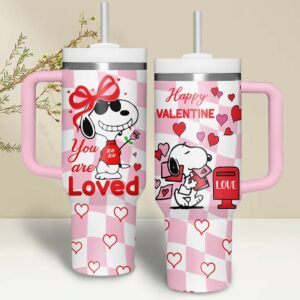 Snoopy Cartoon Valentine Custom Stanley Quencher 40oz Stainless Steel Tumbler With Handle - Threewoofs