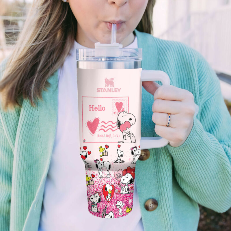 Snoopy Cartoon Valentine Custom Stanley Quencher 40oz Stainless Steel Tumbler With Handle - Threewoofs - Image 4