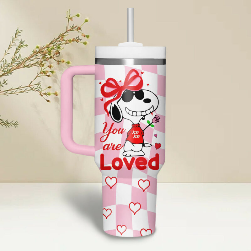 Snoopy Cartoon Valentine Custom Stanley Quencher 40oz Stainless Steel Tumbler With Handle - Threewoofs - Image 2