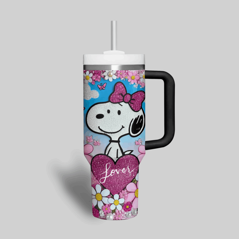 Snoopy Cartoon Valentine Custom Stanley Quencher 40oz Stainless Steel Tumbler With Handle - Threewoofs - Image 3
