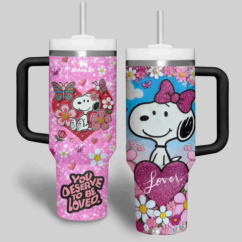 Snoopy Cartoon Valentine Custom Stanley Quencher 40oz Stainless Steel Tumbler With Handle - Threewoofs - Image 4